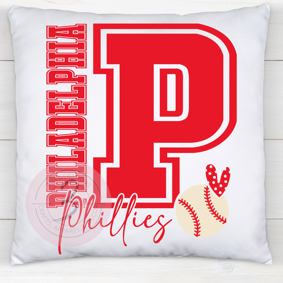 Phillies heart baseball 14 by 14 inch pillow