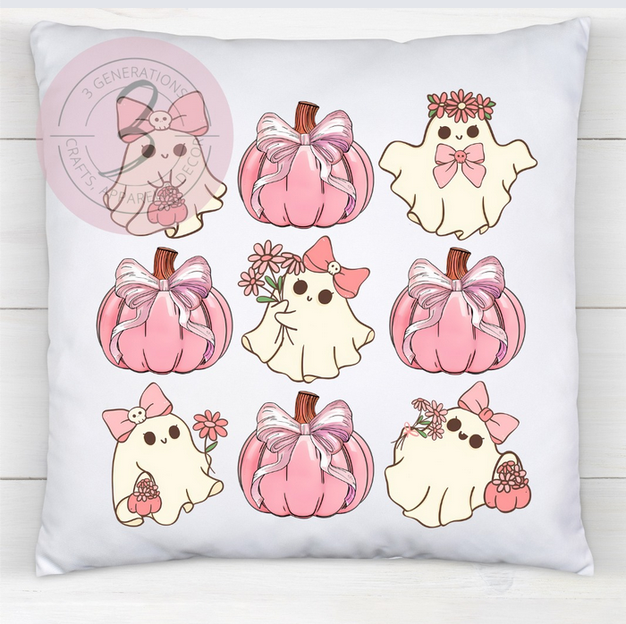 Pink Pumpkin with Ghosts 14 by 14 inch pillow