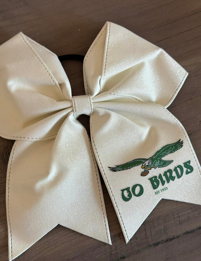Cream Sparkly Go Birds Ponytail Bow