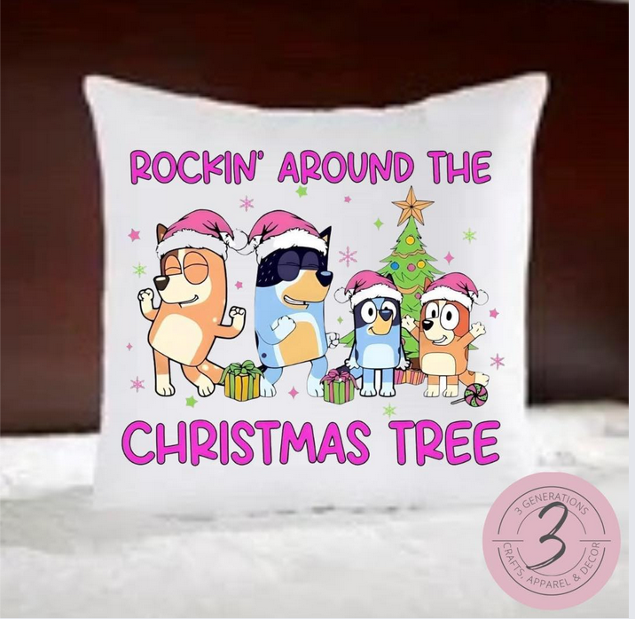 Bluey Rockin' Around the Christmas Tree 14 by 14 inch pillow