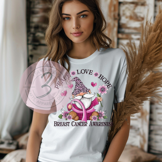Peace, Love, Hope Breast Cancer Gnome Graphic Tee