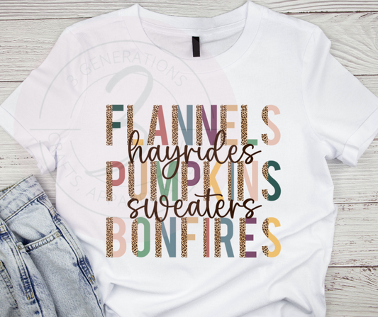 Flannels, Hayrides, pumpkins leopard letters Graphic Tee