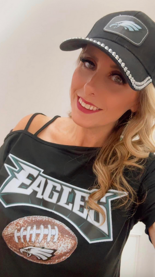 Eagles with Faux Glitter Football Cold Shoulder top