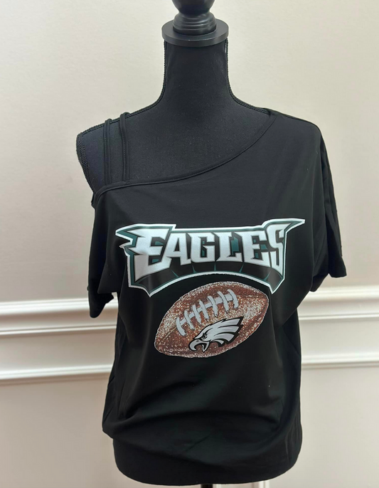 Eagles with Faux Glitter Football Cold Shoulder top