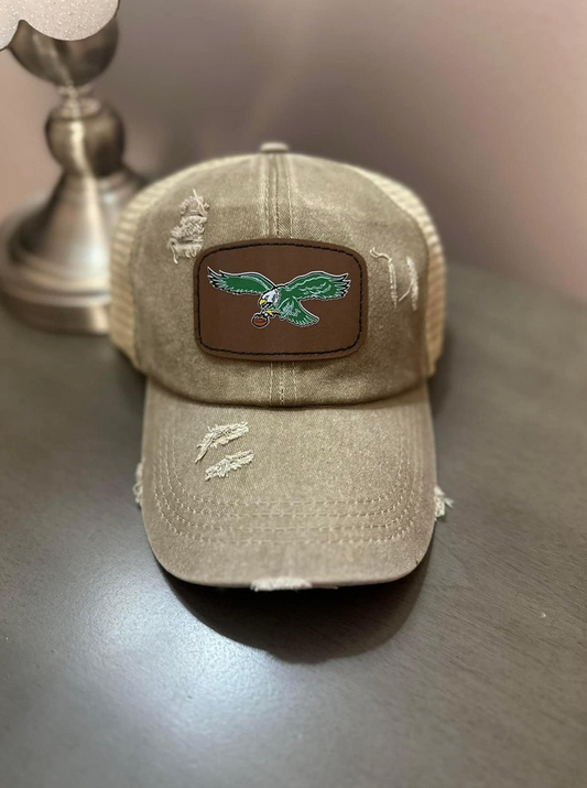 Distressed Tan Eagles Logo Baseball Hat